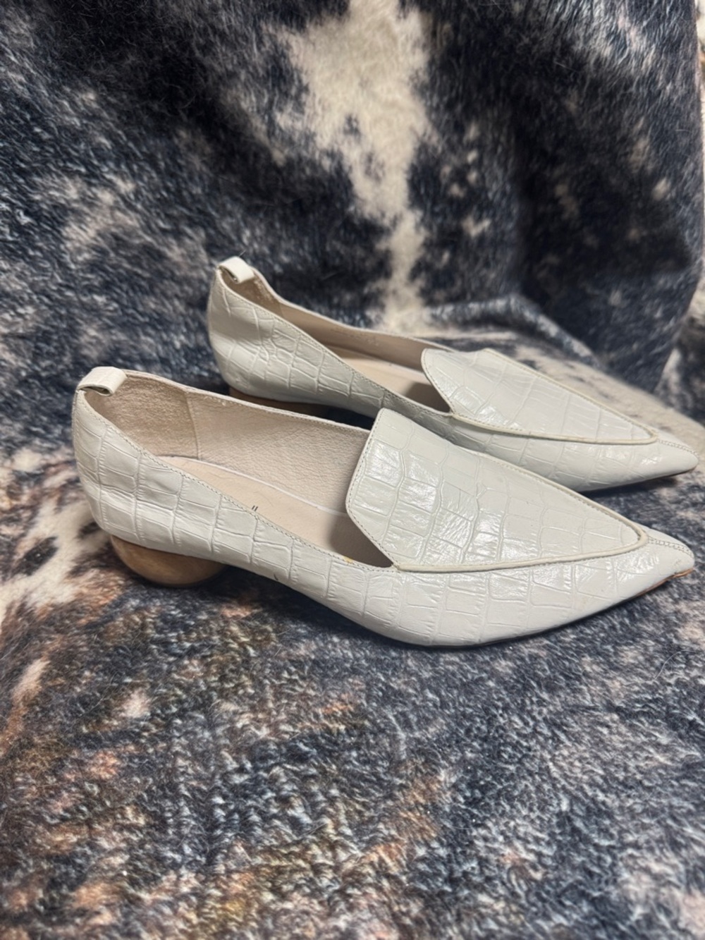 Jeffrey Campbell White Croc-Embossed Pointed Loafers with Wood Heel